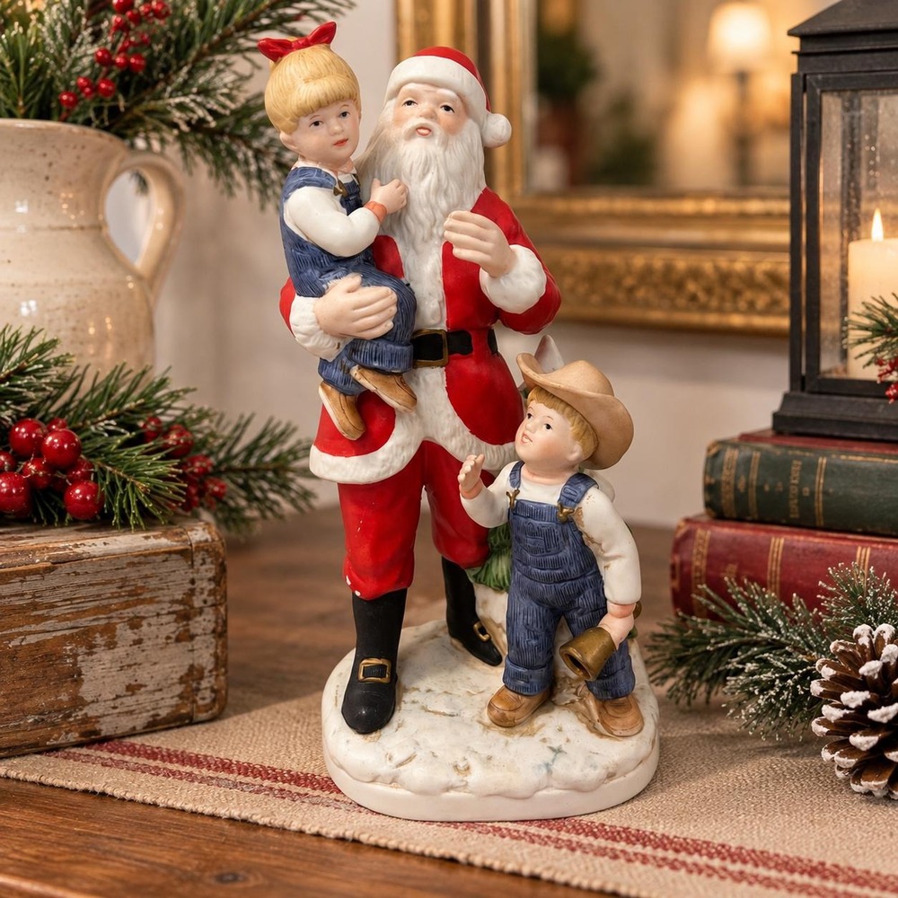 Vintage 1985 HOMCO Denim Days Santa With Children Figurine #8951 Christmas
